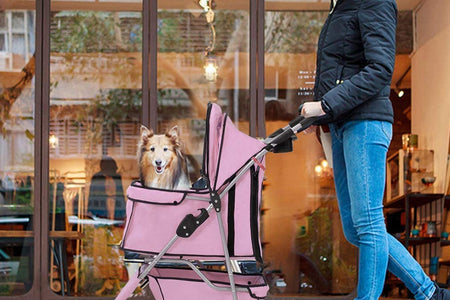 3 Wheels Pet Dog Stroller Cat Cage for Medium Small Dogs Cats Travel Folding Carrier Waterproof Puppy Stroller with Cup Holder & Removable Liner,Pink