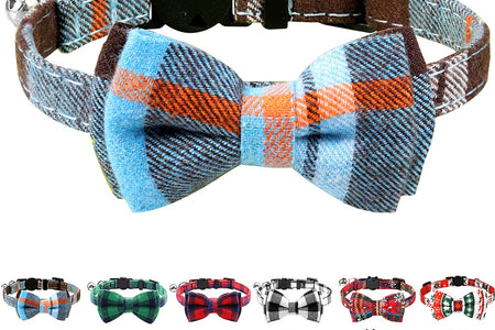 Upgraded Cat Collar with Bells, Breakaway Cat Collars with Bow Tie, 1 Pack Girl Boy Safety Plaid Kitten Collars, Haze Blue