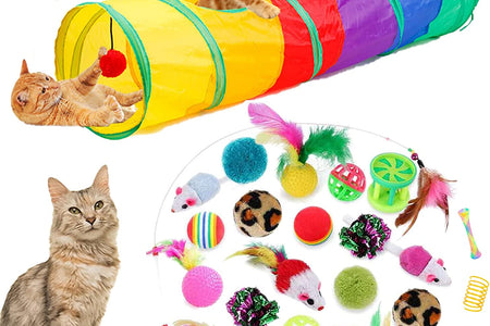 24Pcs Cat Toys Kitten Interactive Pet Toys Assortments, Foldable Rainbow S-Tunnel, Cat Feather Teaser, Wand Interactive Feather Toy, Fluffy Mouse, Crinkle Balls, Bell Play for Cat, Puppy, Kitty, Kitten