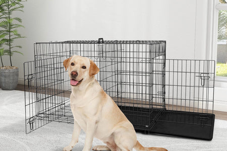 42 Inch Dog Crate, Dog Crates and Kennels Foldable Large Dog Crate for Large Dogs with Handle Double-Door Outdoor Metal Wire Dog Cage with Plastic Tray for Medium Dogs, Pink
