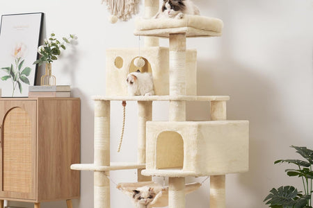 Large Multi-Level Cat Tree Condo Furniture with Sisal-Covered Scratching Posts, 2 Bigger Plush Condos, Perch Hammock for Kittens, Cats and Pets Beige MPJ020M