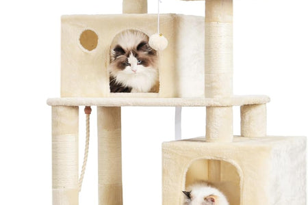 Large Multi-Level Cat Tree Condo Furniture with Sisal-Covered Scratching Posts, 2 Bigger Plush Condos, Perch Hammock for Kittens, Cats and Pets Beige MPJ020M